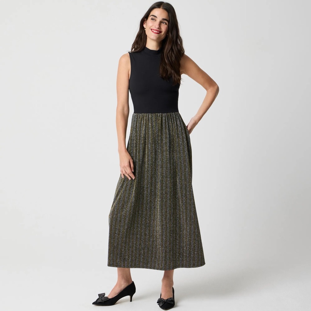 NWT! J Crew Factory - Mockneck Mixed-Media Sparkle Dress - Black/Gold - XXS